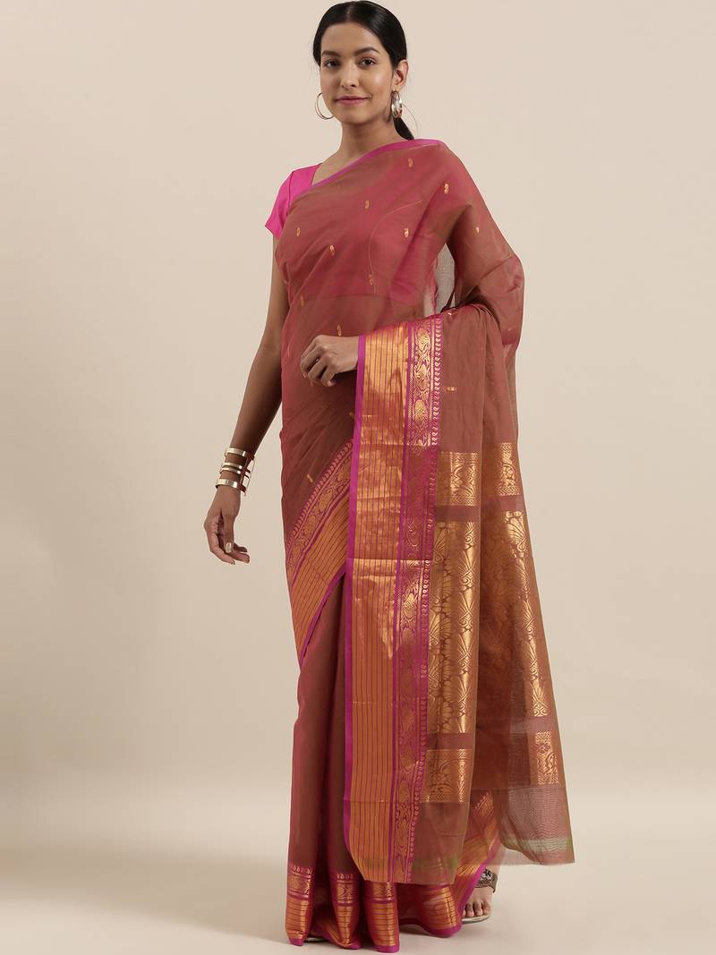 Classicate From The House Of The Chennai Silks Brown Venkatagiri Pure Cotton Saree Without Blouse