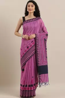 CLASSICATE from the house of The Chennai Silks Purple Printed Cotton Blend Chanderi Saree With Running  Blouse