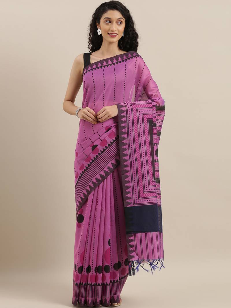 CLASSICATE from the house of The Chennai Silks Purple Printed Cotton Blend Chanderi Saree With Running  Blouse