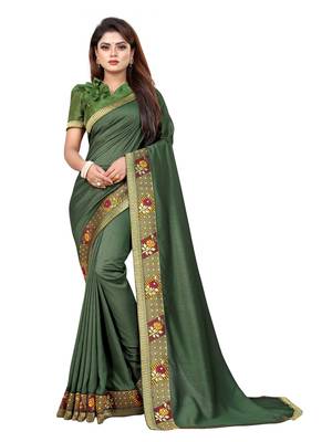 Mehendi floral print silk saree with blouse 1
