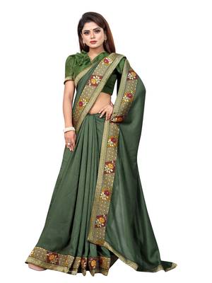 Mehendi floral print silk saree with blouse 3