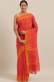 Classicate From The House Of The Chennai Silks Red Chettinad Pure Cotton Saree Without Blouse
