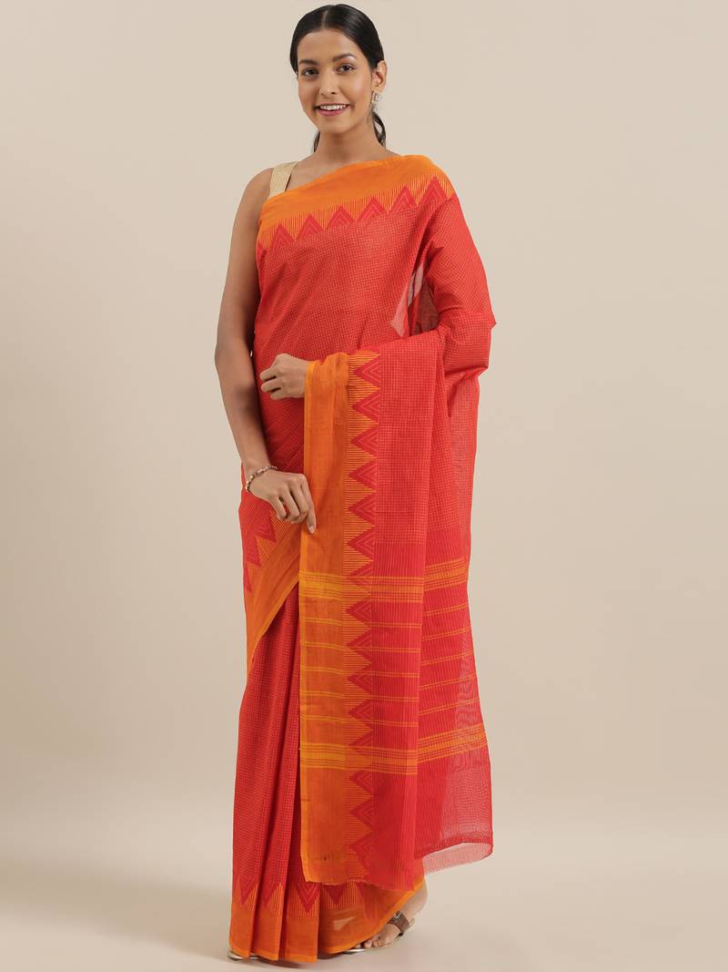 Classicate From The House Of The Chennai Silks Red Chettinad Pure Cotton Saree Without Blouse