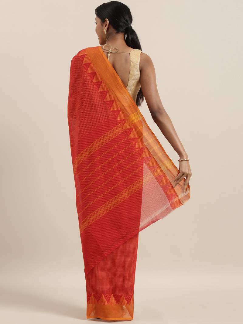 Classicate From The House Of The Chennai Silks Red Chettinad Pure Cotton Saree Without Blouse