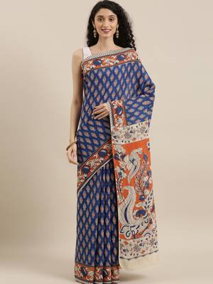 CLASSICATE from the house of The Chennai Silks Navy Blue Printed Kalamkari Pure Cotton Saree With Running Blouse 1