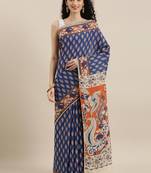 CLASSICATE from the house of The Chennai Silks Navy Blue Printed Kalamkari Pure Cotton Saree With Running Blouse