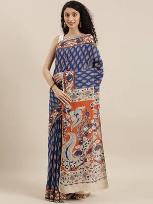 CLASSICATE from the house of The Chennai Silks Navy Blue Printed Kalamkari Pure Cotton Saree With Running Blouse 2