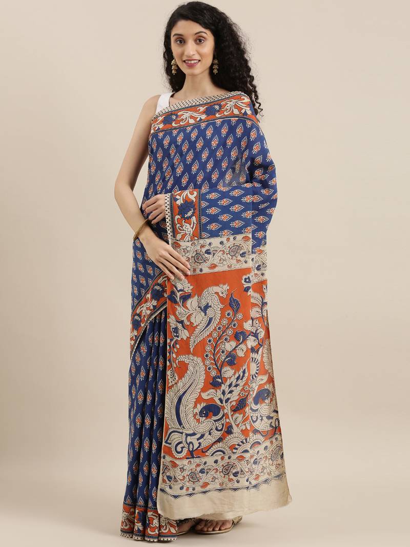 CLASSICATE from the house of The Chennai Silks Navy Blue Printed Kalamkari Pure Cotton Saree With Running Blouse