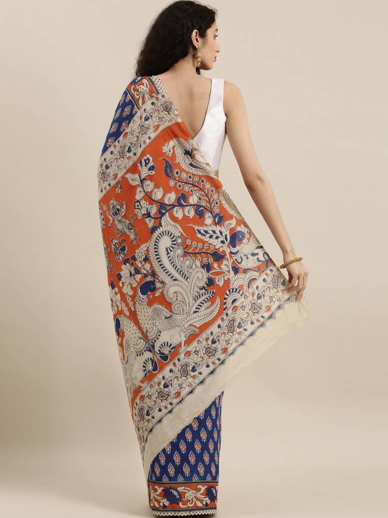 CLASSICATE from the house of The Chennai Silks Navy Blue Printed Kalamkari Pure Cotton Saree With Running Blouse