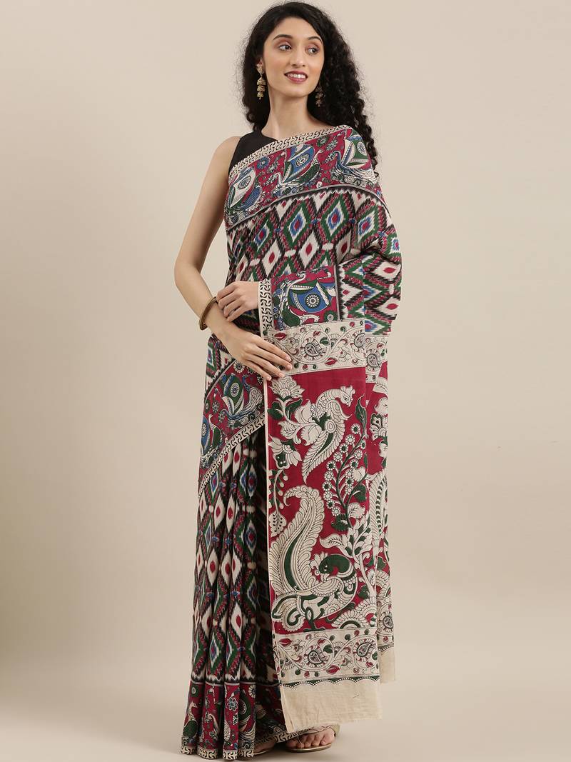 CLASSICATE from the house of The Chennai Silks Multicolor Printed Kalamkari Pure Cotton Saree With Running Blouse