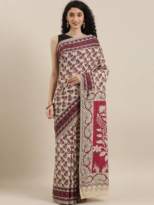 CLASSICATE from the house of The Chennai Silks Beige Printed Kalamkari Pure Cotton Saree With Running Blouse 1