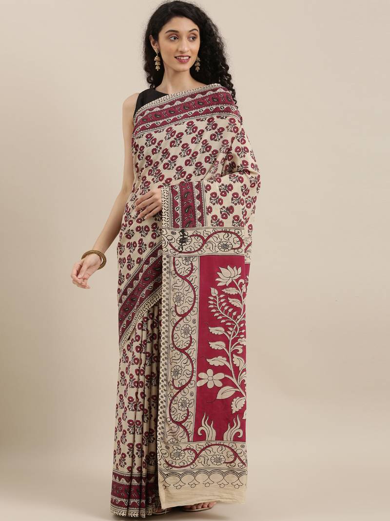 CLASSICATE from the house of The Chennai Silks Beige Printed Kalamkari Pure Cotton Saree With Running Blouse