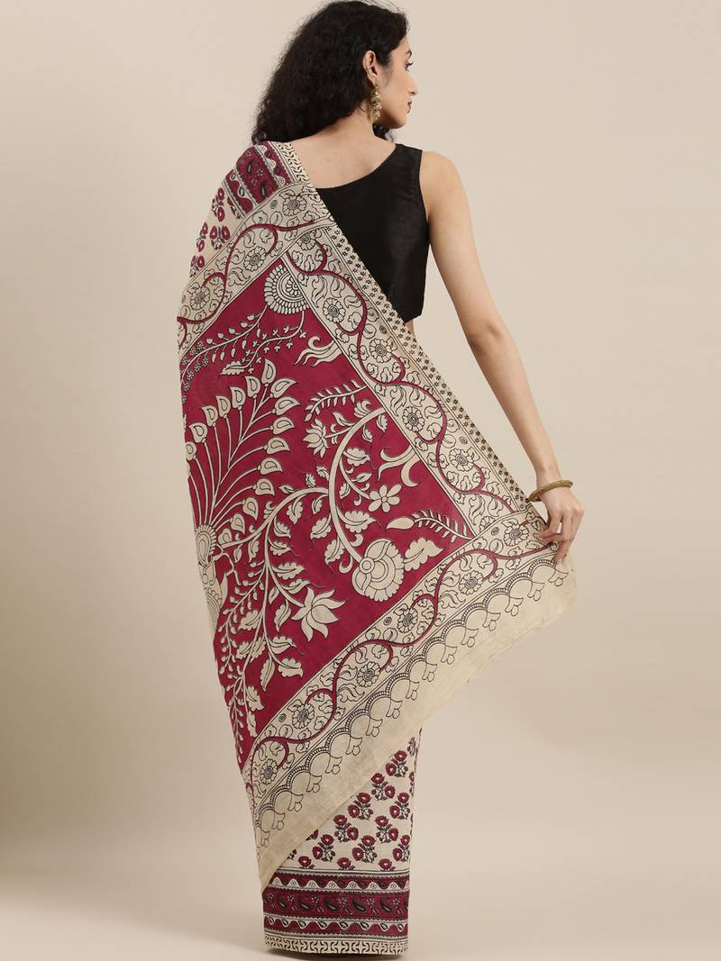 CLASSICATE from the house of The Chennai Silks Beige Printed Kalamkari Pure Cotton Saree With Running Blouse