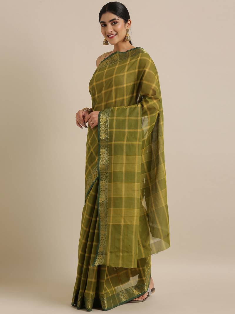 Classicate From The House Of The Chennai Silks Green South Cotton Saree Without Blouse