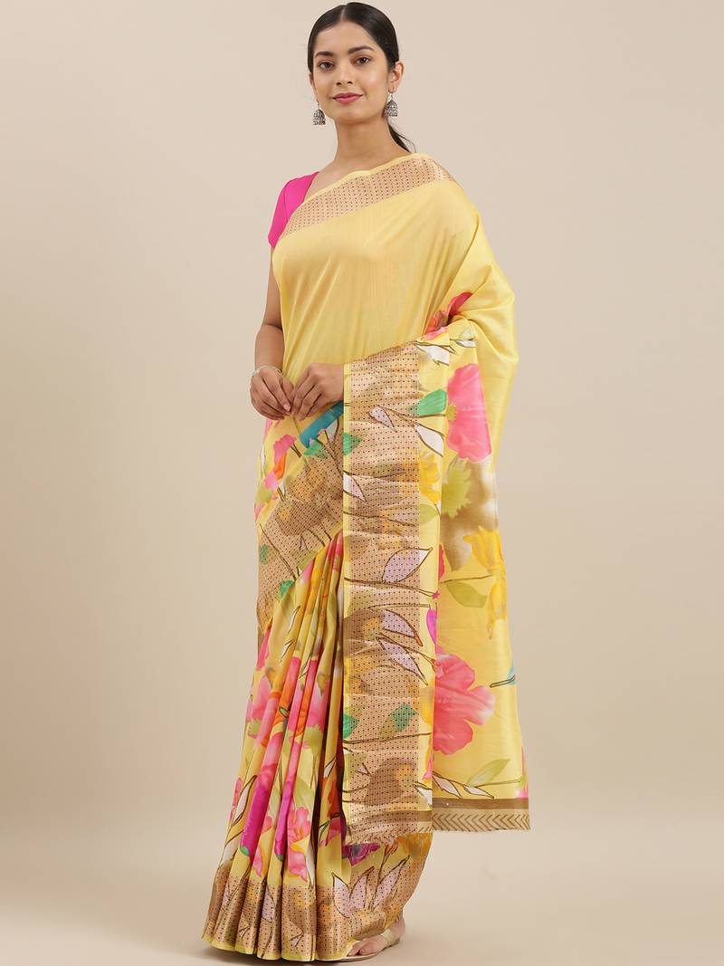 CLASSICATE from the house of The Chennai Silks Yellow Floral Printed Saree With Running  Blouse