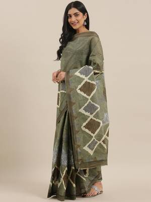 CLASSICATE from the house of The Chennai Silks Green Printed South Cotton Saree With Running  Blouse 2
