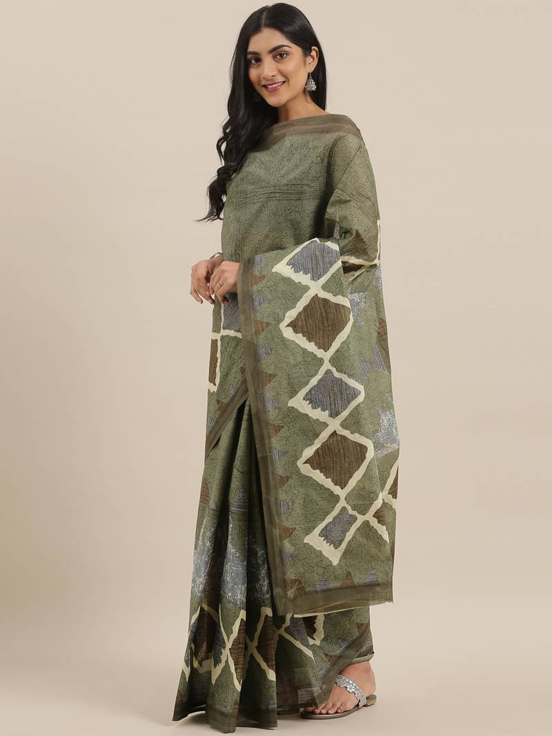 CLASSICATE from the house of The Chennai Silks Green Printed South Cotton Saree With Running  Blouse