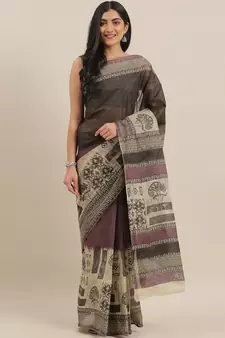 CLASSICATE from the house of The Chennai Silks Brown Printed South Cotton Saree With Running  Blouse