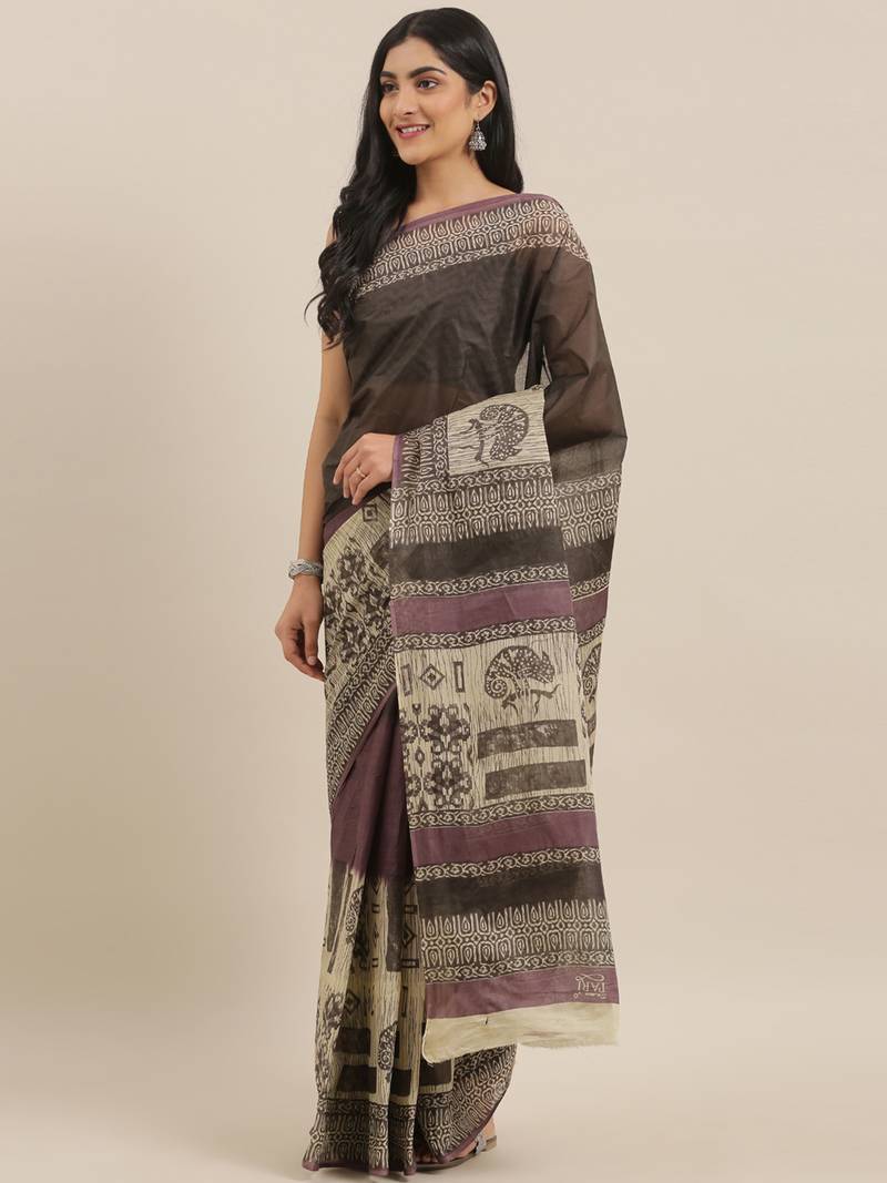 CLASSICATE from the house of The Chennai Silks Brown Printed South Cotton Saree With Running  Blouse