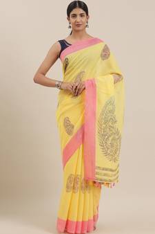 CLASSICATE from the house of The Chennai Silks Yellow Printed Bhagalpuri Saree With Running  Blouse