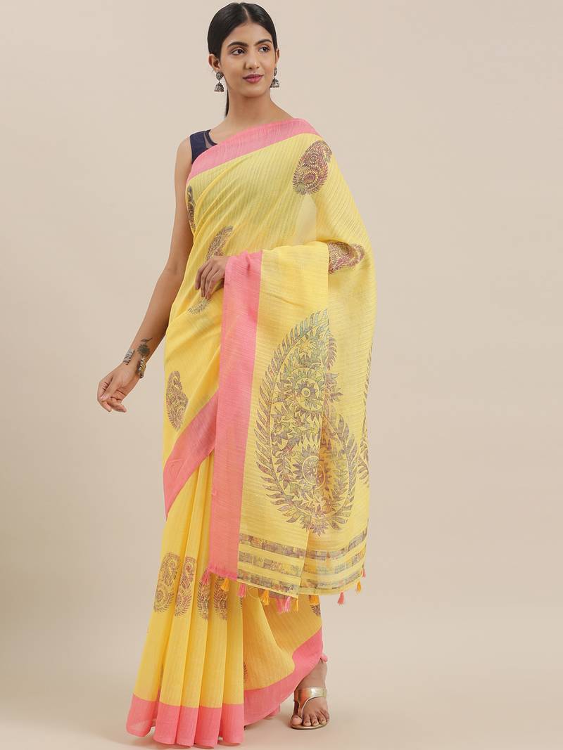 CLASSICATE from the house of The Chennai Silks Yellow Printed Bhagalpuri Saree With Running  Blouse