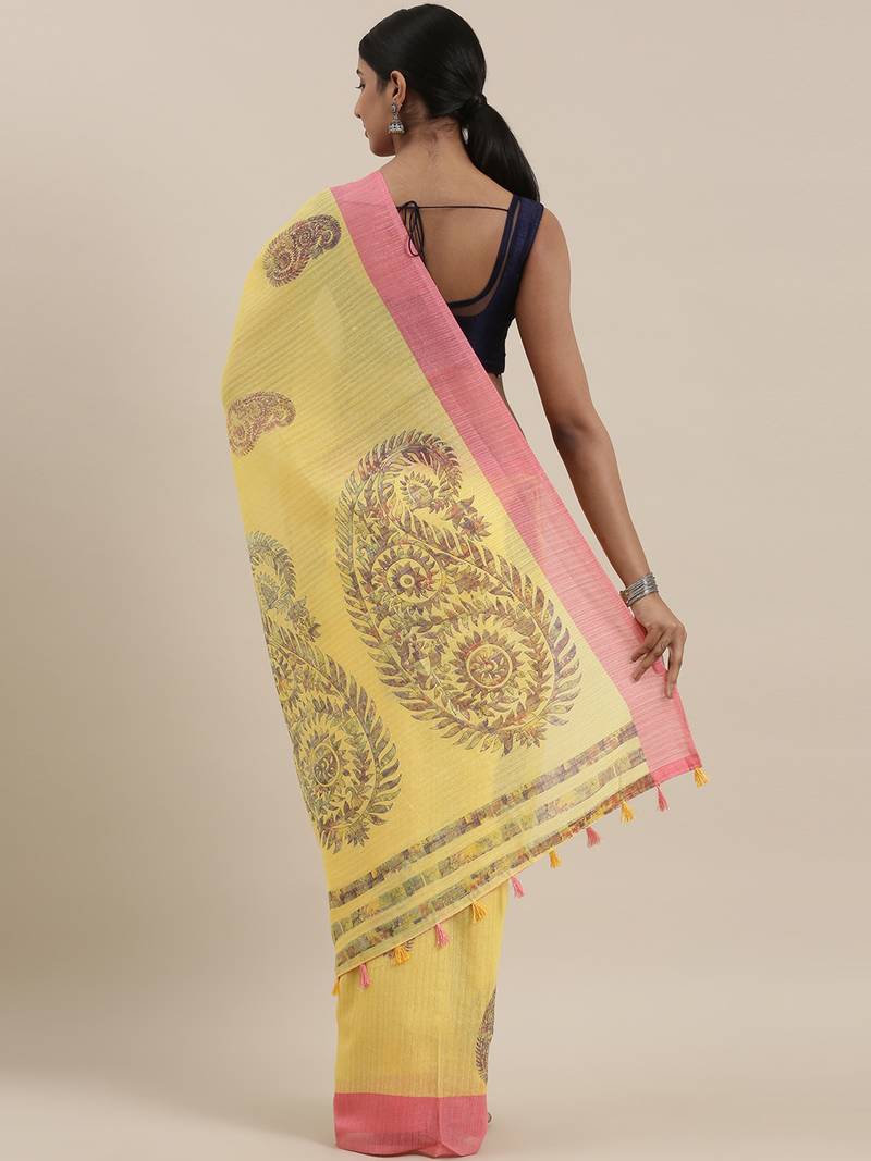 CLASSICATE from the house of The Chennai Silks Yellow Printed Bhagalpuri Saree With Running  Blouse