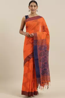 CLASSICATE from the house of The Chennai Silks Orange Cotton Blend Bagh Saree With Running  Blouse