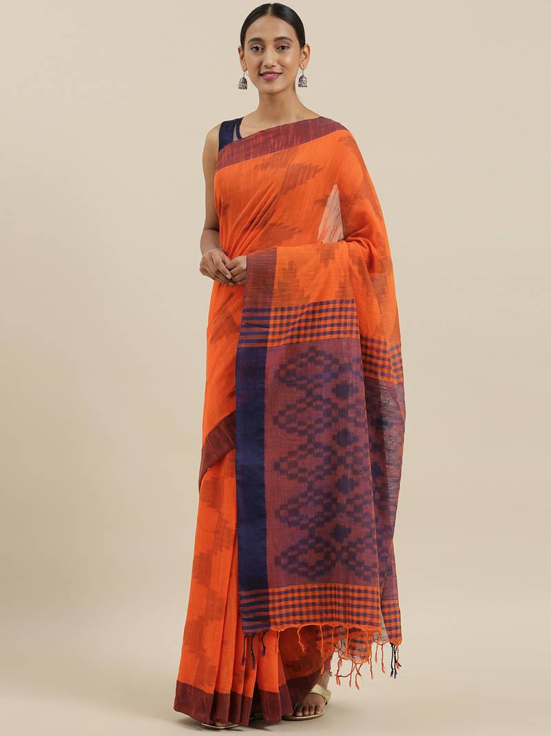 CLASSICATE from the house of The Chennai Silks Orange Cotton Blend Bagh Saree With Running  Blouse