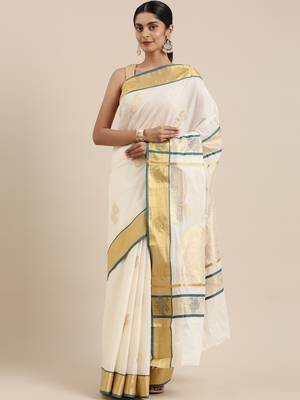 CLASSICATE from the house of The Chennai Silks Off-White Kerala Kasavu Saree With Running  Blouse 1
