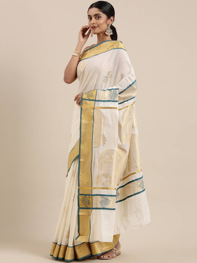 CLASSICATE from the house of The Chennai Silks Off-White Kerala Kasavu Saree With Running  Blouse