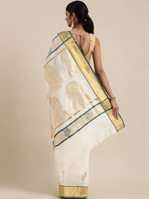 CLASSICATE from the house of The Chennai Silks Off-White Kerala Kasavu Saree With Running  Blouse 3
