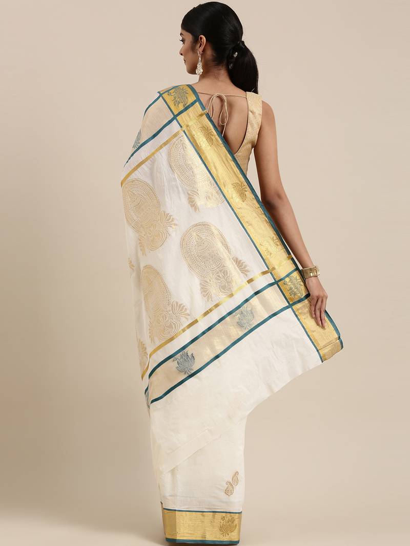 CLASSICATE from the house of The Chennai Silks Off-White Kerala Kasavu Saree With Running  Blouse