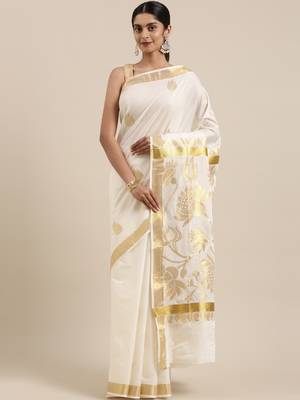 CLASSICATE from the house of The Chennai Silks Off-White Kerala Kasavu Saree With Running  Blouse 1