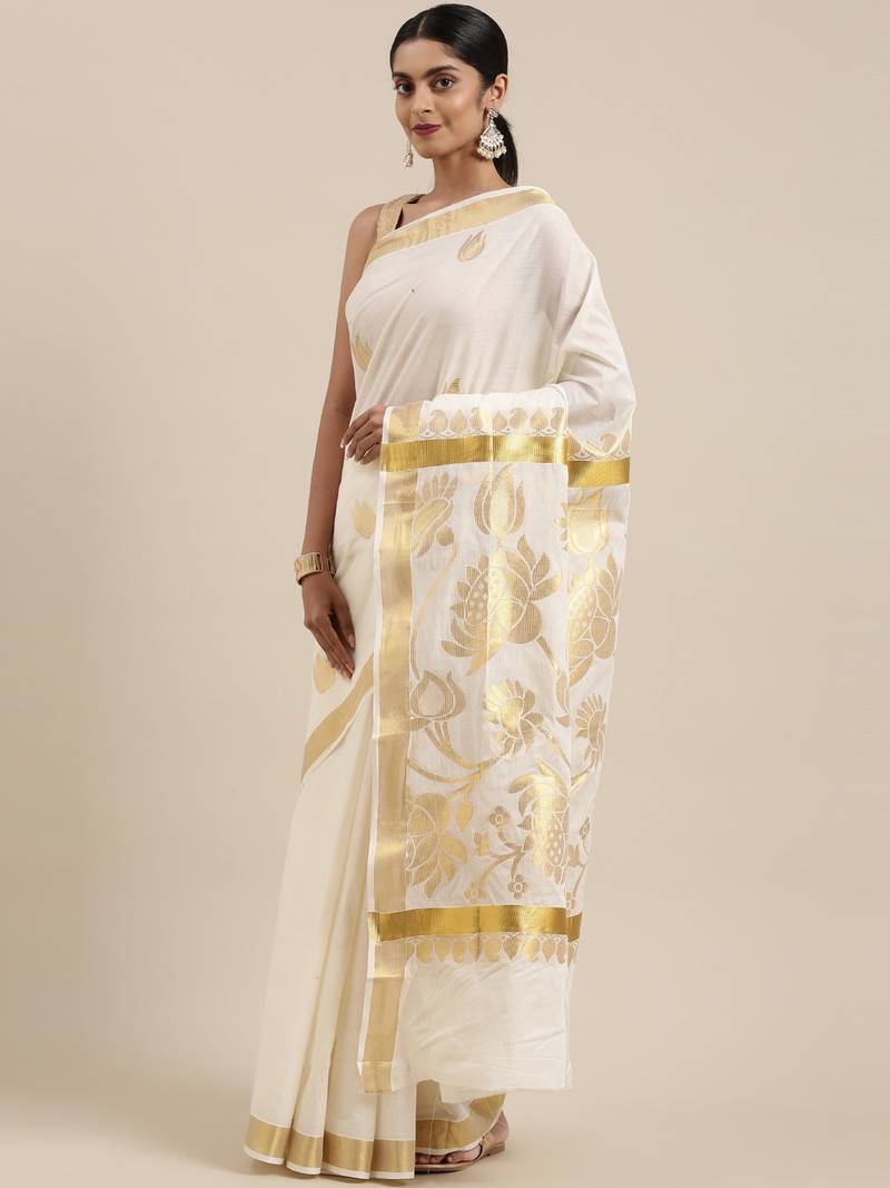 CLASSICATE from the house of The Chennai Silks Off-White Kerala Kasavu Saree With Running  Blouse