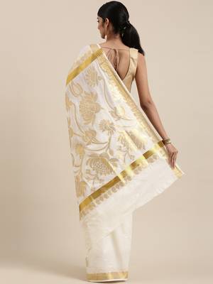CLASSICATE from the house of The Chennai Silks Off-White Kerala Kasavu Saree With Running  Blouse 3