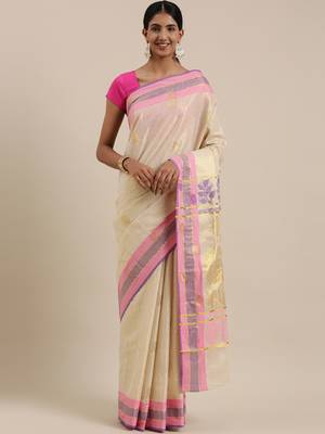 CLASSICATE from the house of The Chennai Silks Off-White Kerala Kasavu Saree With Running  Blouse 1