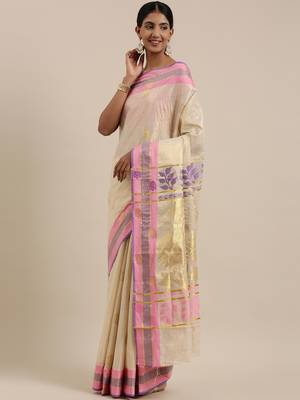 CLASSICATE from the house of The Chennai Silks Off-White Kerala Kasavu Saree With Running  Blouse 2