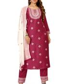 Rani-pink embroidered silk silk-kurtis