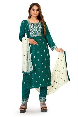 Dark-green embroidered silk silk-kurtis 1