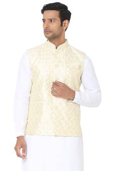 Yellow woven art silk nehru-jacket