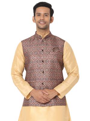 Brown woven art silk nehru-jacket 1