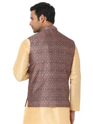 Brown woven art silk nehru-jacket 2