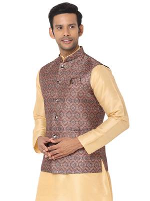 Brown woven art silk nehru-jacket 3