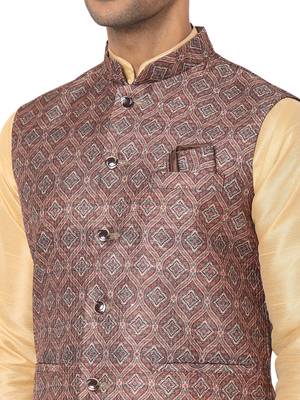 Brown woven art silk nehru-jacket 4