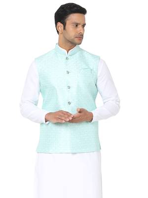 Blue woven art silk nehru-jacket 1