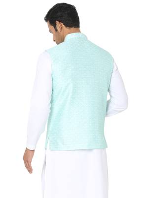 Blue woven art silk nehru-jacket 2
