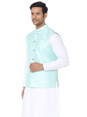 Blue woven art silk nehru-jacket 3