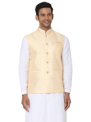 Beige woven art silk nehru-jacket 1