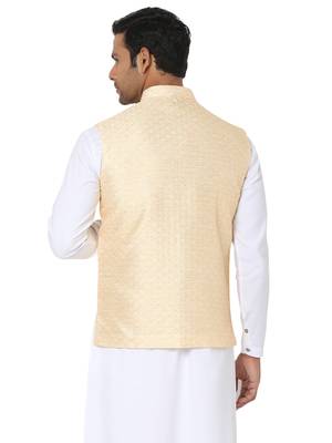 Beige woven art silk nehru-jacket 2