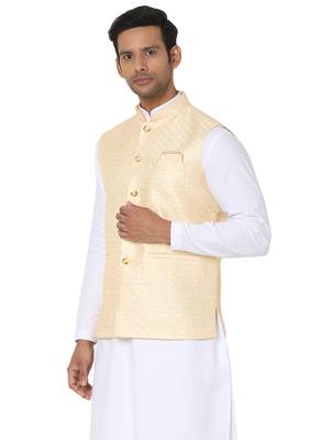 Beige woven art silk nehru-jacket 3